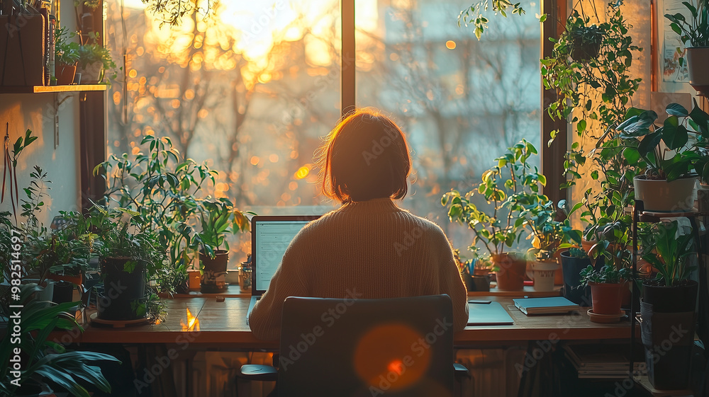 Freelancer Working in Cozy Apartment with City Sunset View Freelancer Working in Cozy Apartment with City Sunset View