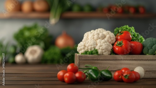 A wooden crate filled with fresh vegetables like tomatoes, cauliflower, and greens, set on a rustic table against a softly blurred background.