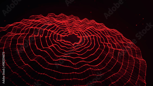 Abstract background with dynamic wave. Circular wave of dots. Musical sound wave. Dark background. Big data visualization. Plexus. Vector illustration.