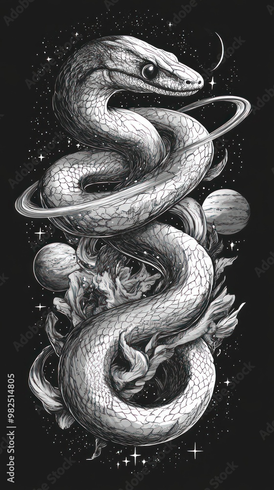 Obraz premium A black and white illustration of a snake coiled around planets in a space background.