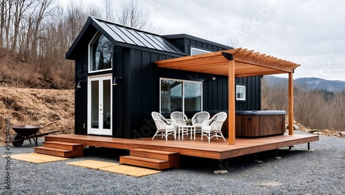 Modern, minimalist tiny house with a black exterior and a gabled roof, situated in a wooded area photo