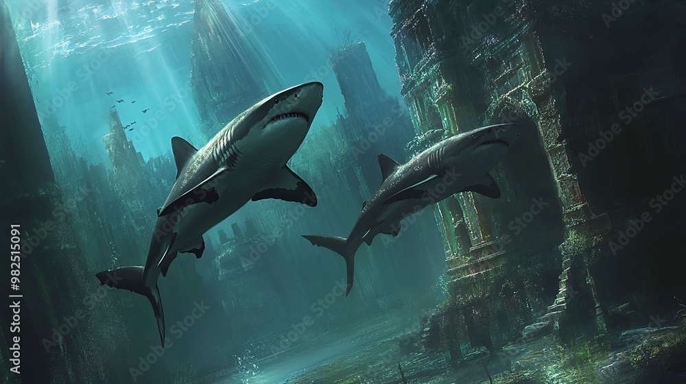 Obraz premium Two majestic sharks swim gracefully through a mysterious underwater landscape, surrounded by shadows and remnants of ancient ruins. 