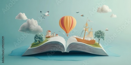 An imaginative scene of an open book with a floating hot air balloon and a whimsical landscape, symbolizing adventure and creativity.