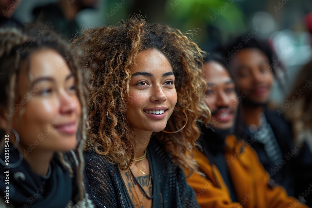 Fototapeta premium Smiling Woman with Curly Hair and Friends