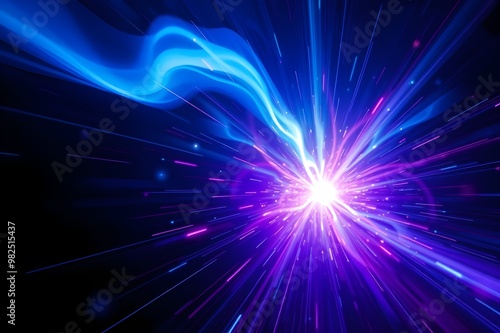 Abstract image showcasing a dynamic burst of colorful light and energy, resembling a cosmic explosion. Vibrant hues of blue and purple convey a sense of speed and motion.