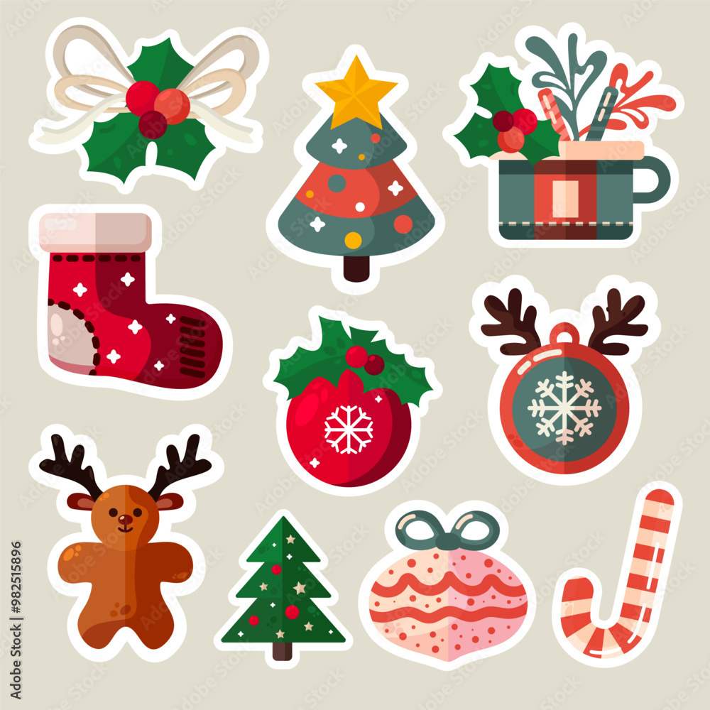 Fototapeta premium cute flat isoalted set of stickers with christmas decorations. vector simple colorful sticker pack