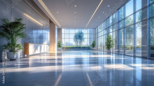  Modern glass-walled lobby filled with natural light, potted plants adding greenery. Clean, spacious, and elegant corporate interior design.