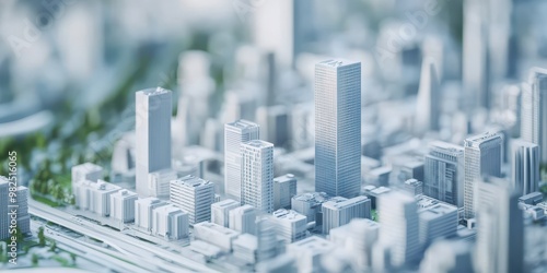 Detailed architectural model showcasing a modern city landscape with tall skyscrapers and greenery.