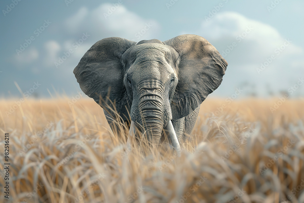 Naklejka premium A majestic African elephant with long tusks stands tall in a golden savanna, its wrinkled skin and wise eyes conveying its power and wisdom. Wildlife Animals.
