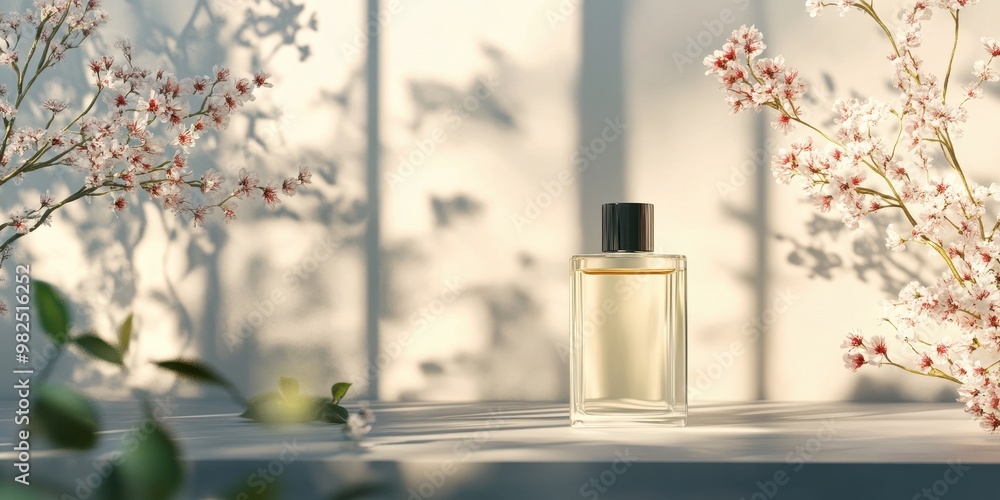 Elegant perfume bottle surrounded by soft floral arrangements and gentle light, evoking a sense of luxury and tranquility. Elegant perfume bottle surrounded by soft floral arrangements and gentle light, evoking a sense of luxury and tranquility.