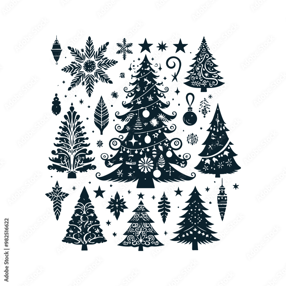 Obraz premium Set of Christmas christmas trees ornament decoration silhouette vector art illustration on a white background