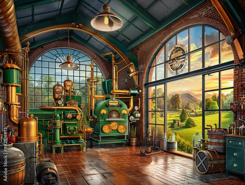 Obraz premium A steampunk fortified dairy farm with intricate mechanical milking machines and secure barns, set in an industrial rural setting, Steampunk, Digital Art