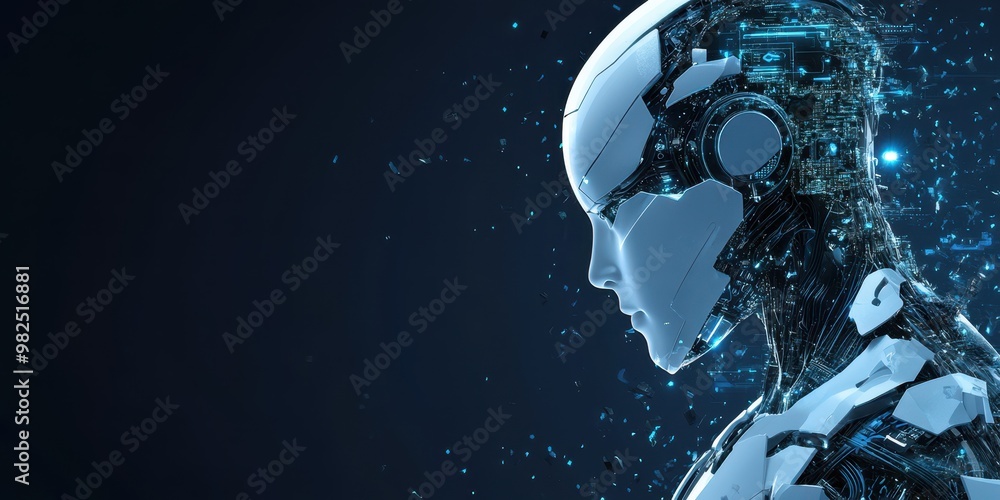 Futuristic robot head silhouette with digital elements, representing artificial intelligence and advanced technology. Futuristic robot head silhouette with digital elements, representing artificial intelligence and advanced technology.
