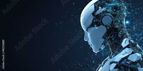 Futuristic robot head silhouette with digital elements, representing artificial intelligence and advanced technology.