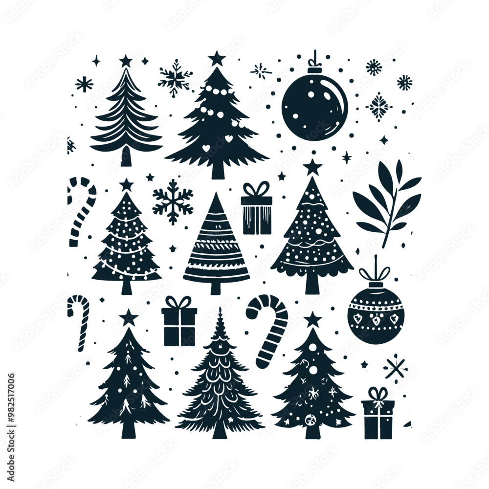 Obraz premium Set of Christmas christmas trees ornament decoration silhouette vector art illustration on a white background
