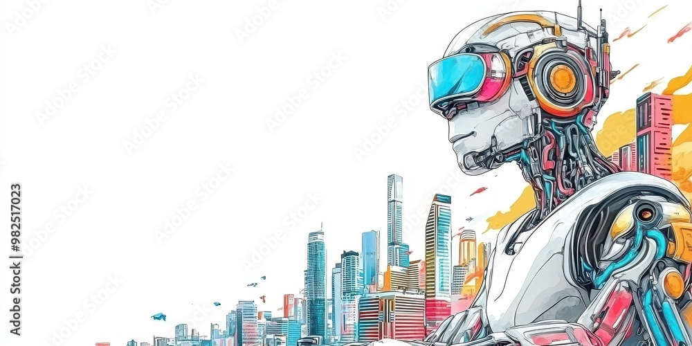 Futuristic robot standing in a vibrant cityscape, showcasing advanced technology and creativity in a modern world. Futuristic robot standing in a vibrant cityscape, showcasing advanced technology and creativity in a modern world.
