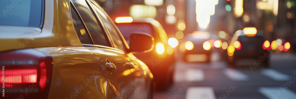 A line of cars in traffic during sunset, emphasizing the reflections and the hustle of city life in this vibrant scene. A line of cars in traffic during sunset, emphasizing the reflections and the hustle of city life in this vibrant scene.