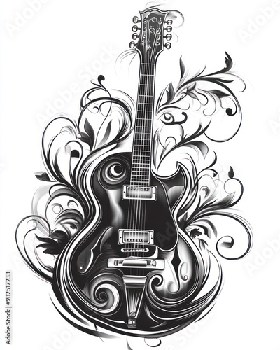 A black and white illustration of an electric guitar with ornate floral designs.