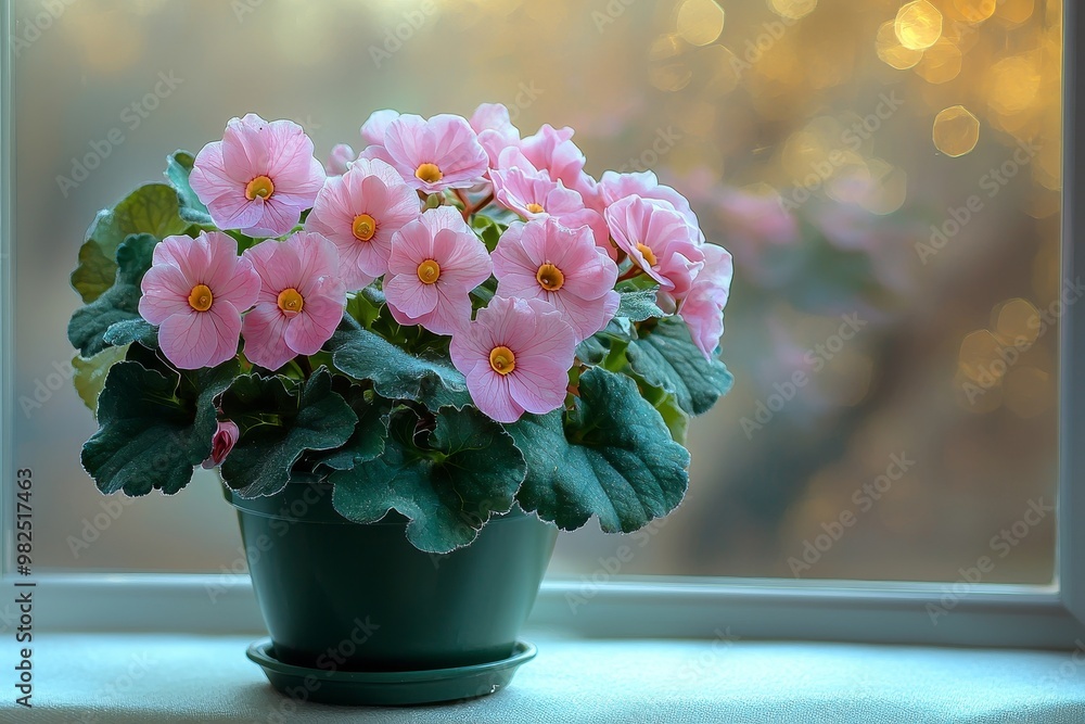 Saintpaulia (African violet) in lime green pot on window sill has pink flowers Saintpaulia (African violet) in lime green pot on window sill has pink flowers