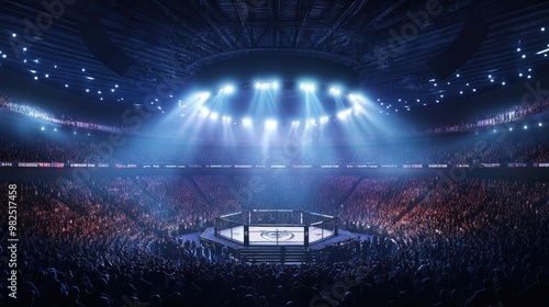 The octagon in the center of a large arena, filled with fans eagerly watching the upcoming MMA battle under the stadium lights. photo