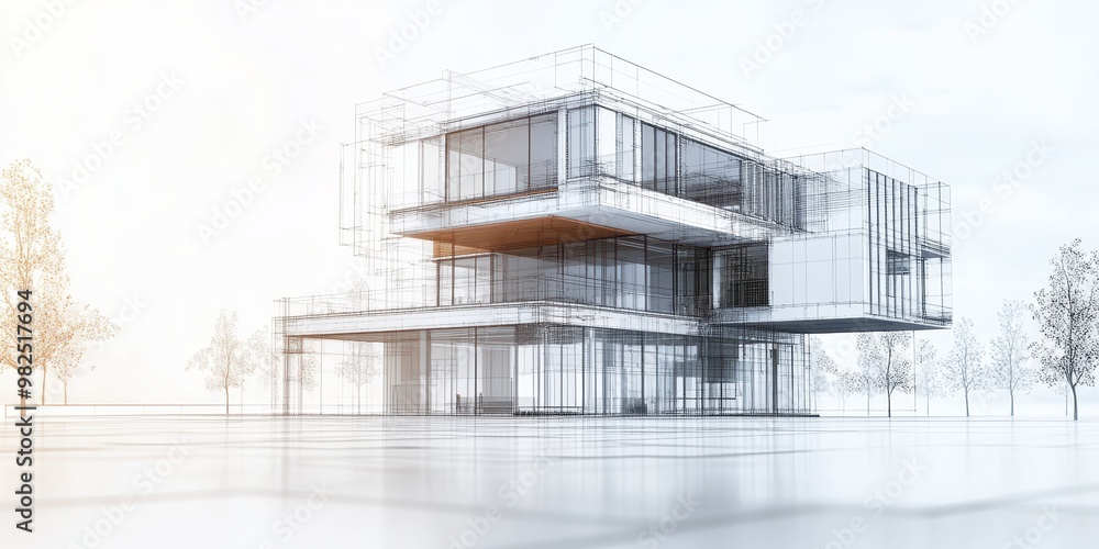 Modern architectural design featuring a sleek, minimalist house with glass and metal elements, surrounded by greenery. Modern architectural design featuring a sleek, minimalist house with glass and metal elements, surrounded by greenery.