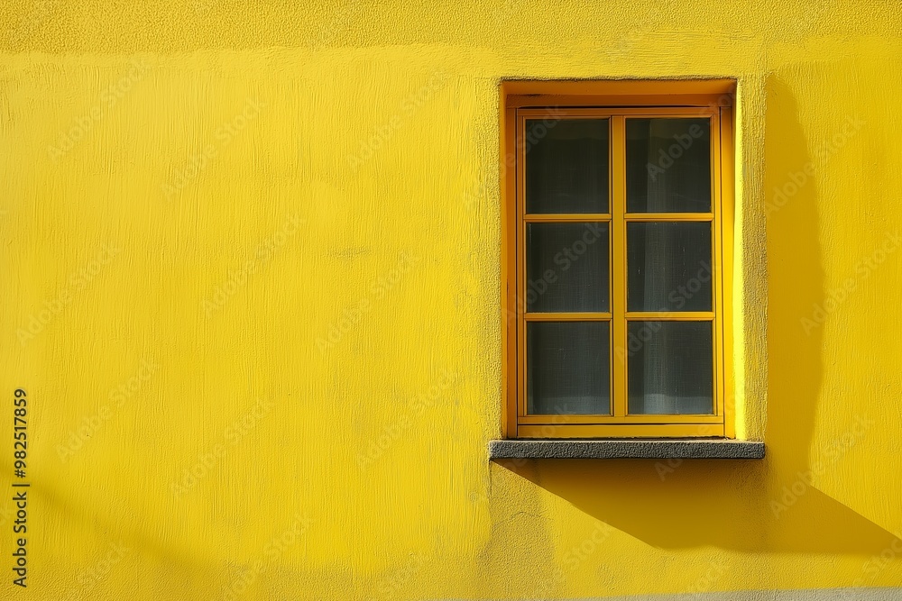 A vibrant yellow wall featuring a single window with shadows cast, exuding simplicity and bold color. A vibrant yellow wall featuring a single window with shadows cast, exuding simplicity and bold color.