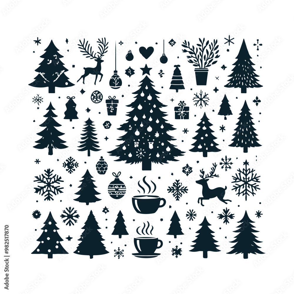 Fototapeta premium Set of Christmas christmas trees ornament decoration silhouette vector art illustration on a white background