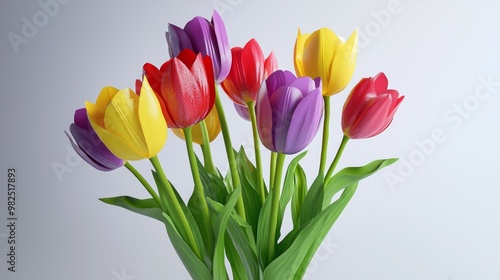 Vibrant 3D Tulip Bouquet in Red, Yellow, and Purple on White Background