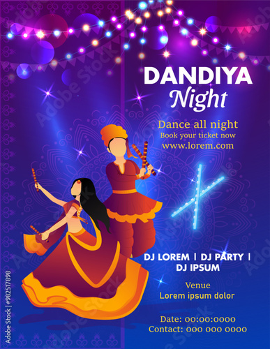 Dandiya Night flyer, invitation, poster and banner design vector illustration on the occasion of Happy Navratri.