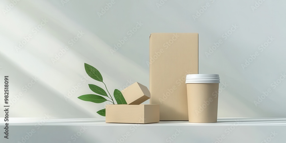 Stylish eco-friendly packaging displayed with a coffee cup and natural accents, perfect for branding and sustainability themes. Stylish eco-friendly packaging displayed with a coffee cup and natural accents, perfect for branding and sustainability themes.