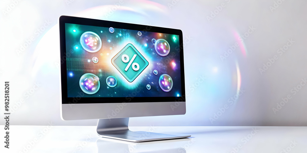 Flat Glossy Monitor with Floating Holographic Coupon and Retail Icons in Modern Vector Design � Perfect for Digital Retail Promotions and Branding Flat Glossy Monitor with Floating Holographic Coupon and Retail Icons in Modern Vector Design � Perfect for Digital Retail Promotions and Branding