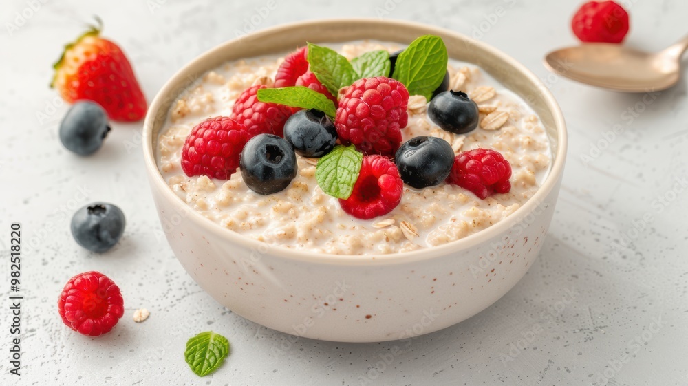 A bowl of oatmeal topped with fresh berries and mint leaves, creating a healthy and colorful breakfast option. A bowl of oatmeal topped with fresh berries and mint leaves, creating a healthy and colorful breakfast option.
