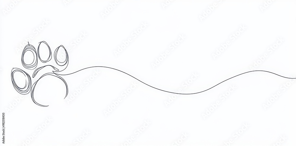 The paw prints on the background are hand drawn. It is actually a continuous line animal. Drawing one line outline. Footmarks. Black silhouette paws. Cute print for design. Trace background. Modern