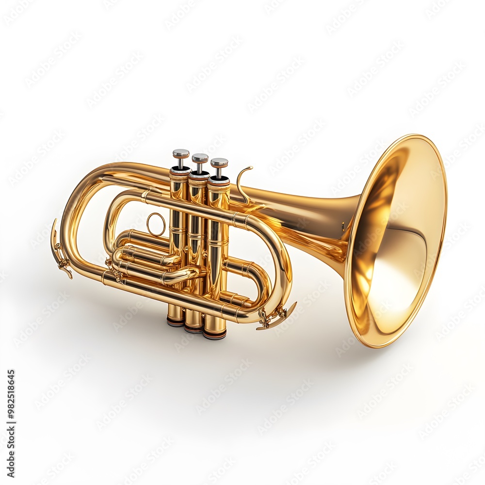 Naklejka premium Detailed, high-resolution photograph of a polished bugle with a gleaming brass finish