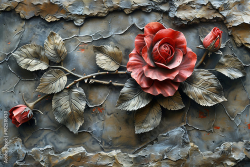 Elegant floral bas relief on textured wall created with generative AI technology photo