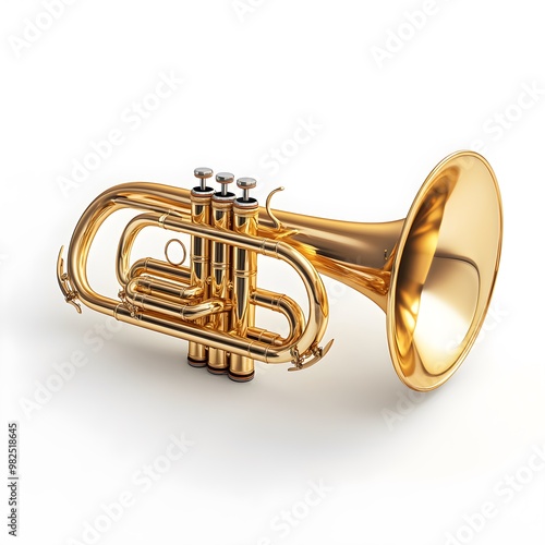 Detailed, high-resolution photograph of a polished bugle with a gleaming brass finish