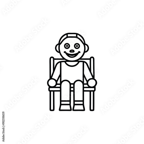 Line art illustration of a ventriloquist dummy doll sitting in a chair.