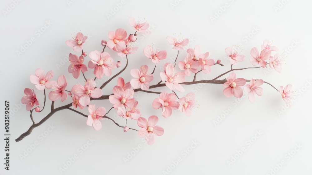 Fototapeta premium Delicate Cherry Blossom Branch in 3D on White Background