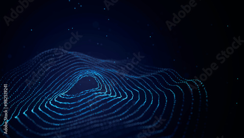 Abstract background with dynamic wave. Circular wave of dots. Musical sound wave. Dark background. Big data visualization. Plexus. Vector illustration.