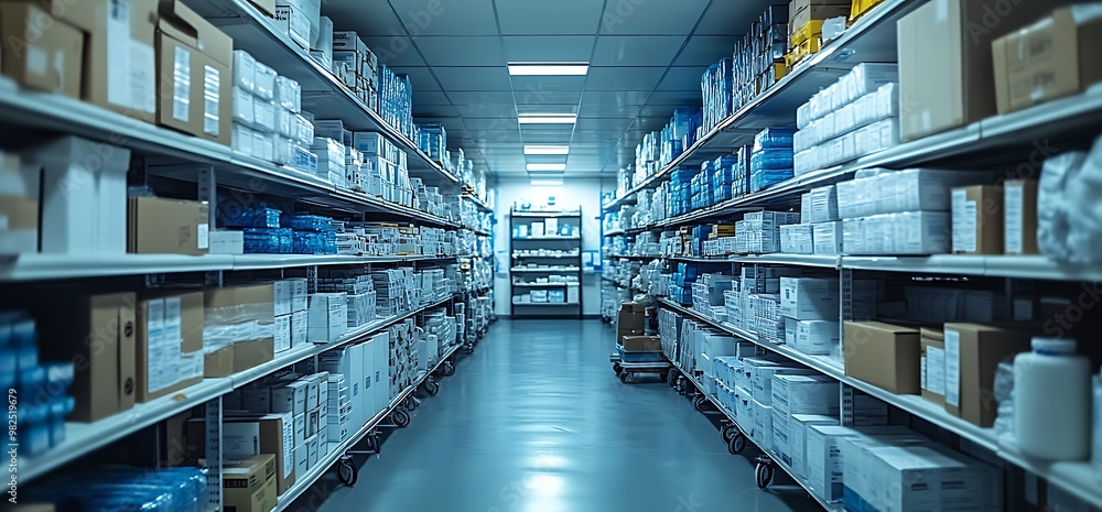 Long aisle with shelves full of boxes in a warehouse. Long aisle with shelves full of boxes in a warehouse.