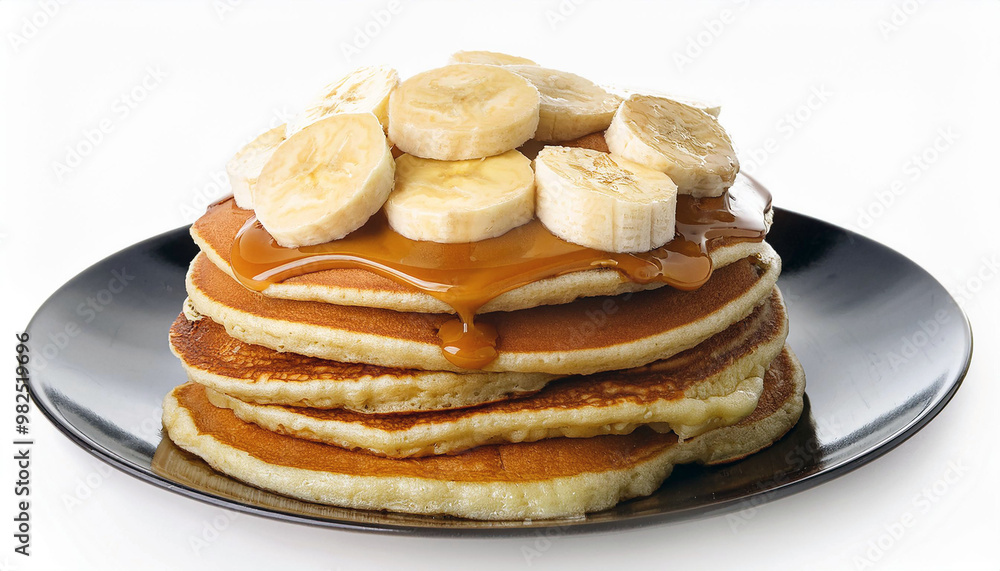 Stack of Pancakes with Caramel Sauce and Banana Slices Stack of Pancakes with Caramel Sauce and Banana Slices