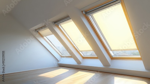 Roof window roller blinds with side channels for secure fit and anti-sagging, designed for skylights, offering soft light control, functional, modern, practical, stylish home addition.