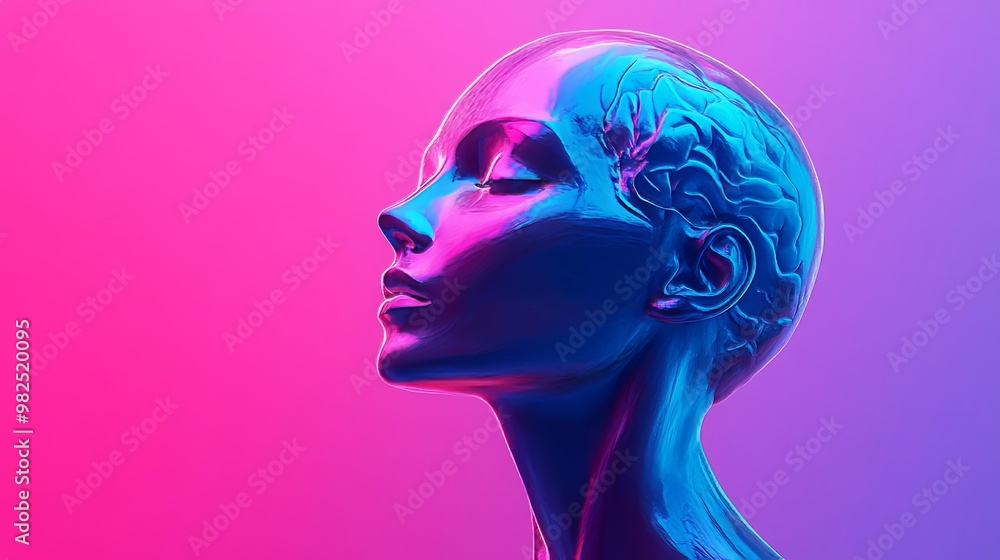 A woman's head is shown in a blue and pink color scheme A woman's head is shown in a blue and pink color scheme