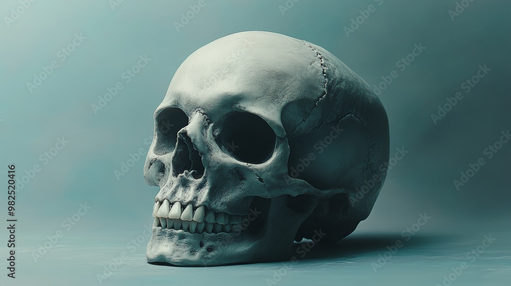 A skull is shown in a blue background A skull is shown in a blue background