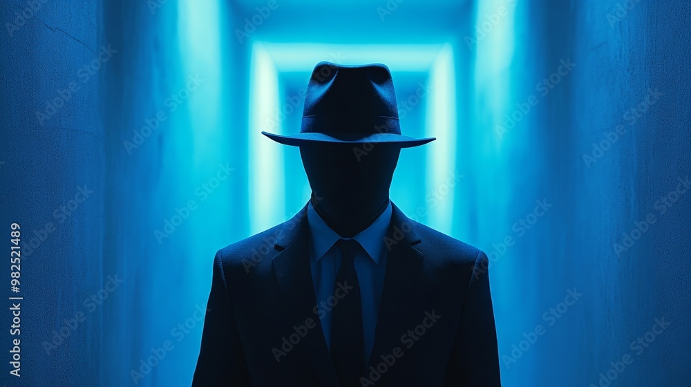 A man in a suit and hat stands in a blue hallway