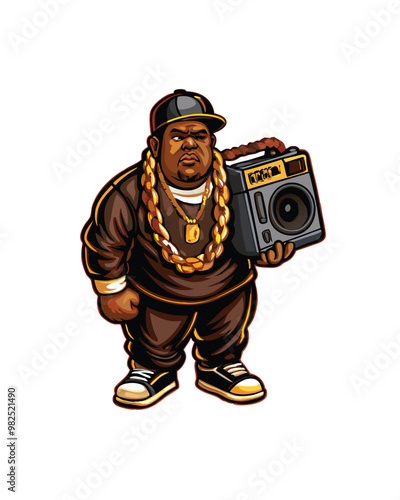 A cartoon illustration of a 90s hip hop artist wearing a gold chain and holding a boombox.