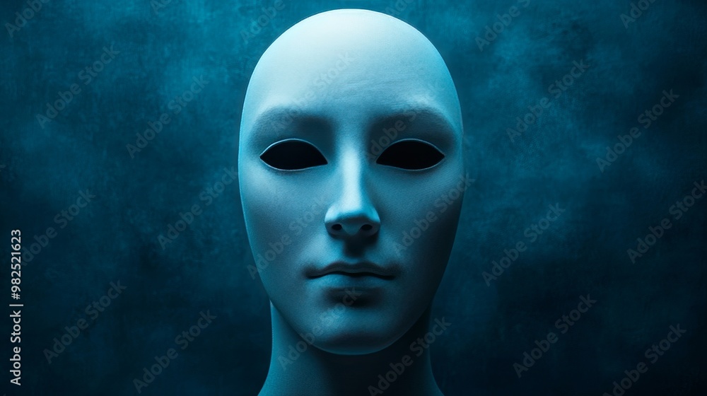 A face with a mask on it is shown in a blue background A face with a mask on it is shown in a blue background