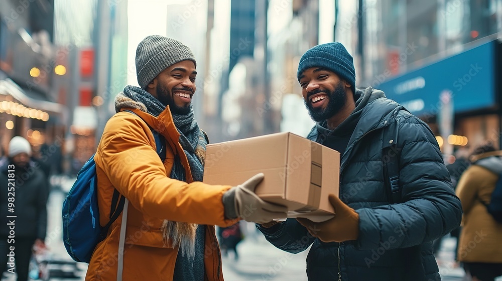 Courier delivering a package to a customer's doorstep, smiling and handing over the box Courier delivering a package to a customer's doorstep, smiling and handing over the box