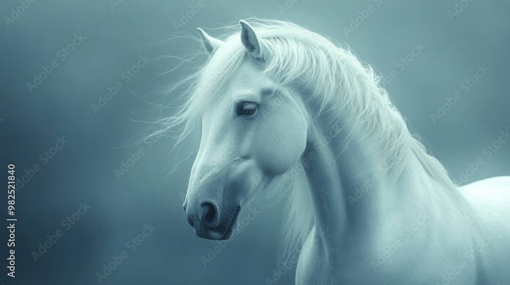 A white horse with a long mane and a black nose A white horse with a long mane and a black nose