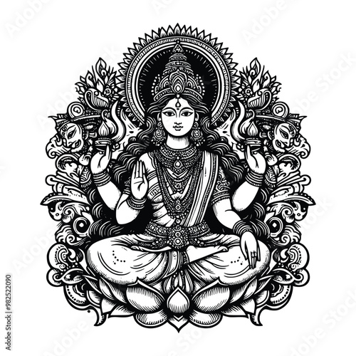hand drawn illustration of goddess Lakshmi. engraving black and white Indian God vector illustration isolated background